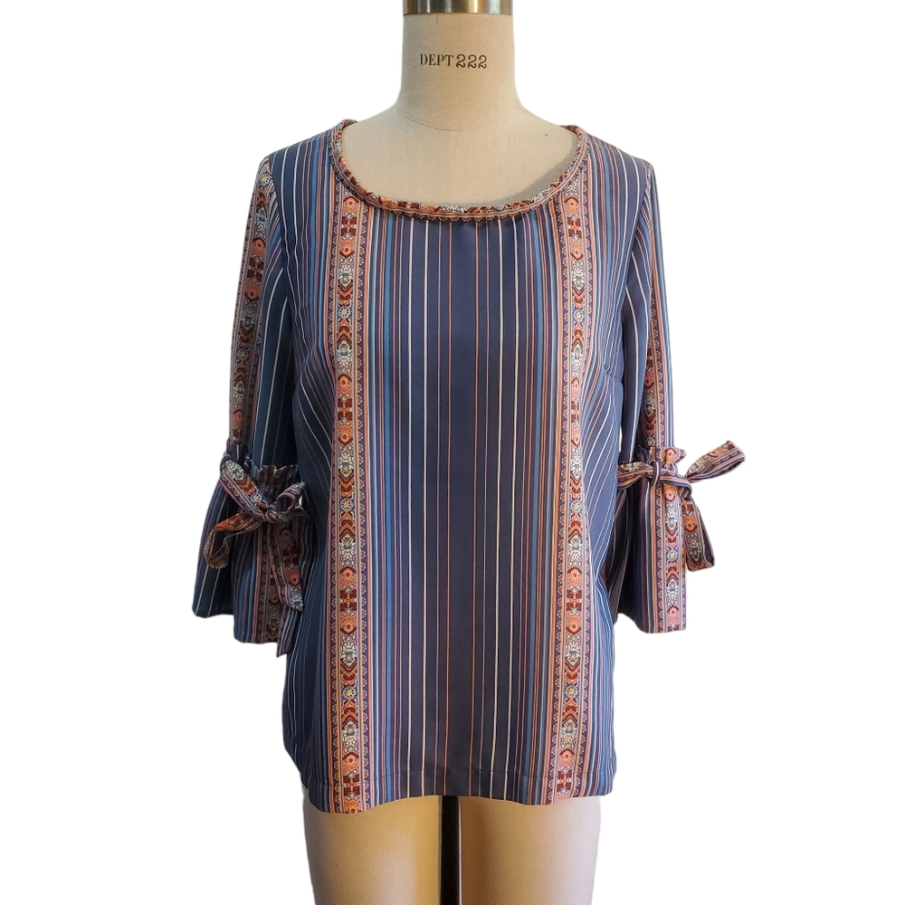 LC Lauren Conrad Women's Boho Striped Floral Peasant Sleeve‎ Top Size M